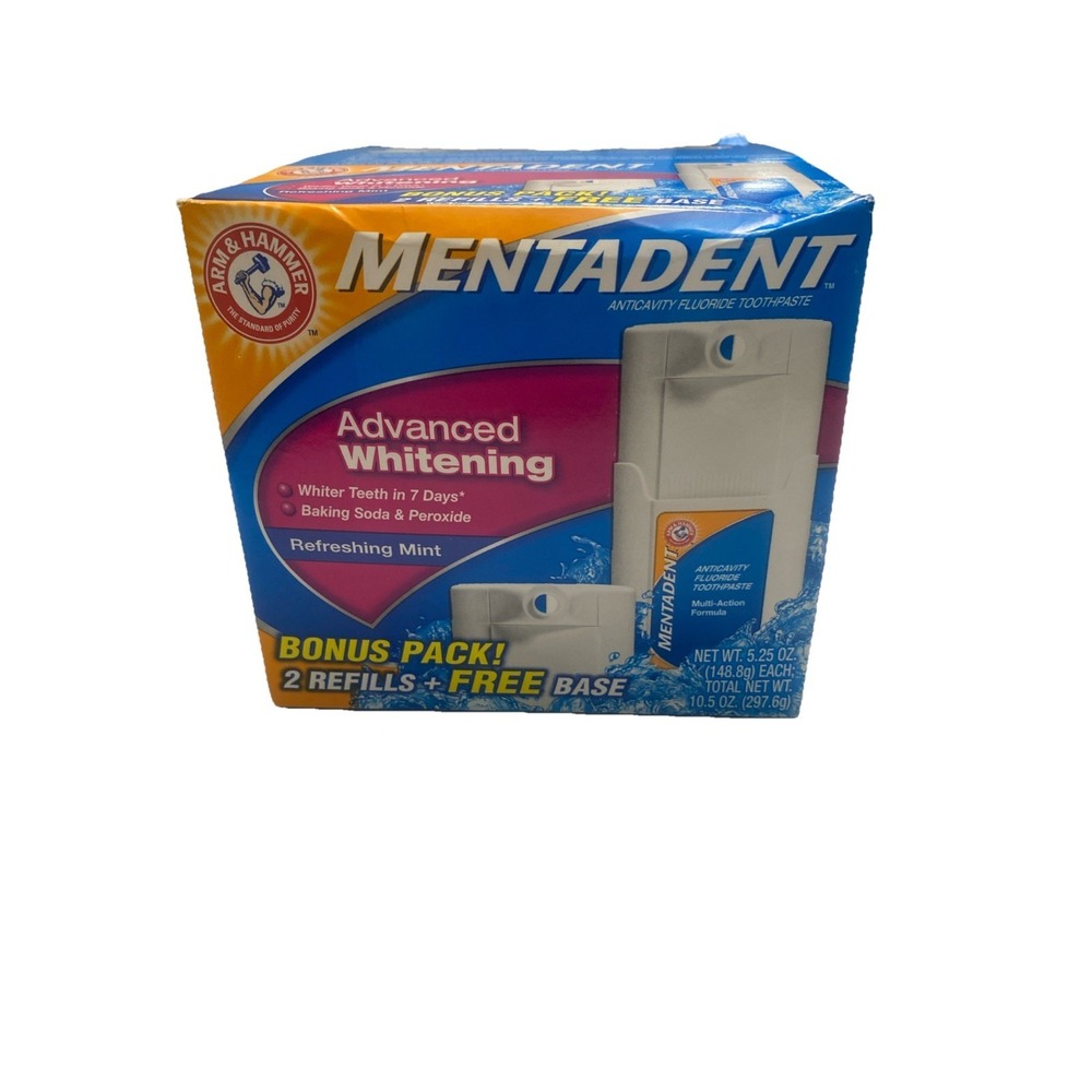 Mentadent Advanced Whitening 2 Refills + 1 Base Refreshing Mint toothpaste NEW